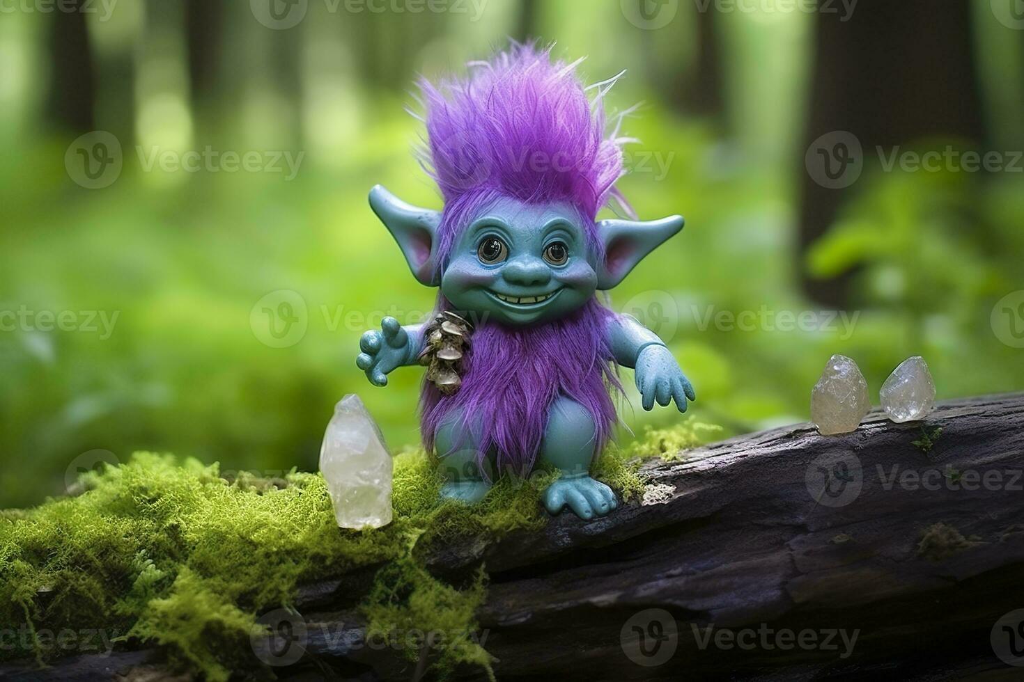 AI generated Tale troll with crystals in the forest, natural green background. Generative AI photo