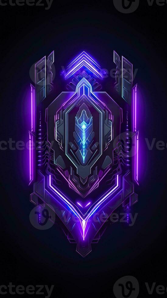 AI generated Amethyst 3D Minimalist Shield Design with a black or dark background with neon lines. AI Generative photo
