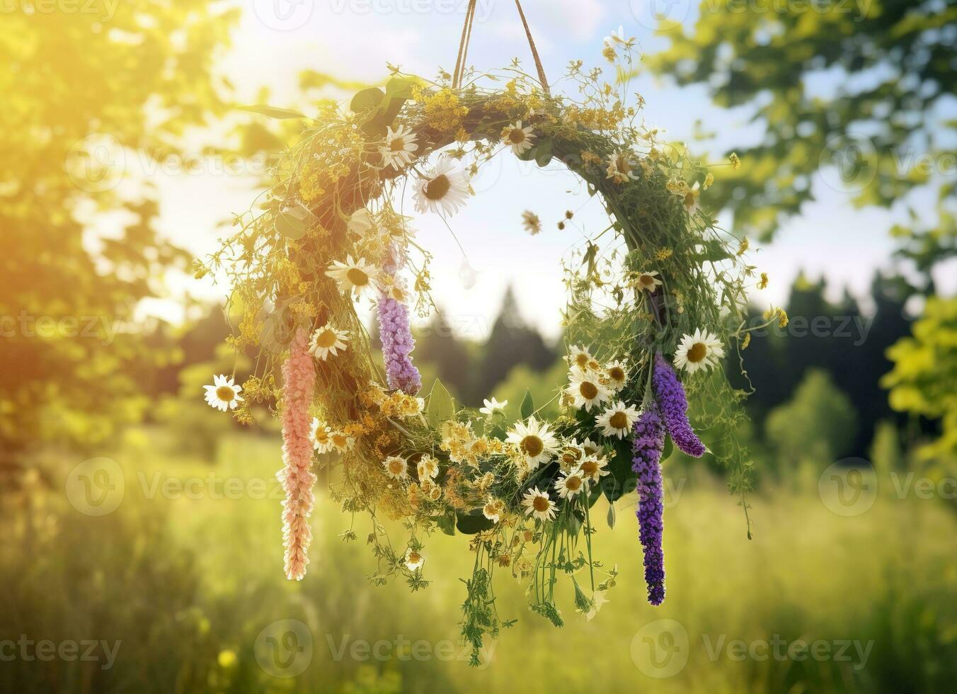 AI generated Rustic wildflowers wreath on a sunny meadow. Summer Solstice Day, Midsummer concept. Generative AI photo
