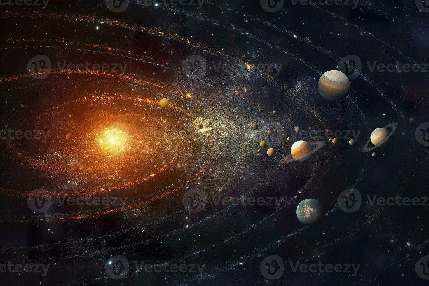 AI generated Our 3d Solar system with planets in orbits path. AI Generative photo