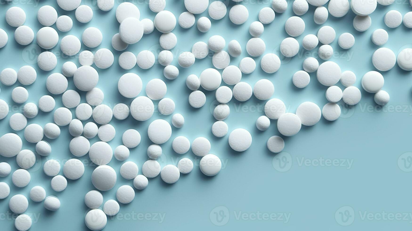 ai generado parte superior ver blanco medicina tabletas antibiótico pastillas en un suave azul fondo, Copiar espacio, farmacia tema, ai generativo foto