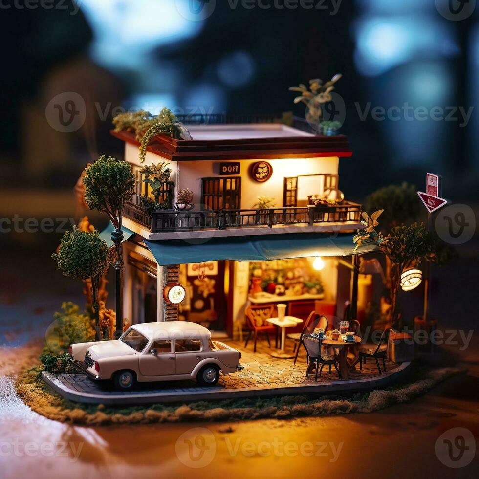AI generated A charming and cozy coffee shop Set beside a busy highway with Warm and golden sunset light, and a Picturesque sunset view with vibrant colors. AI Generative photo