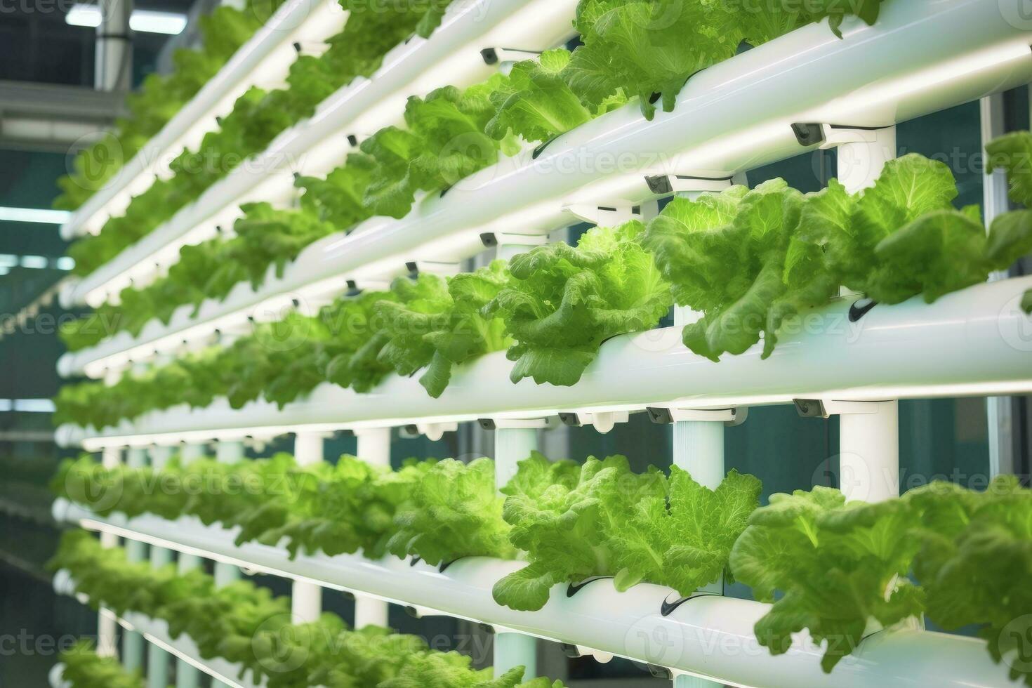 AI generated Vertical Hydroponic Plant System With Cultivated Lettuces. AI Generated photo