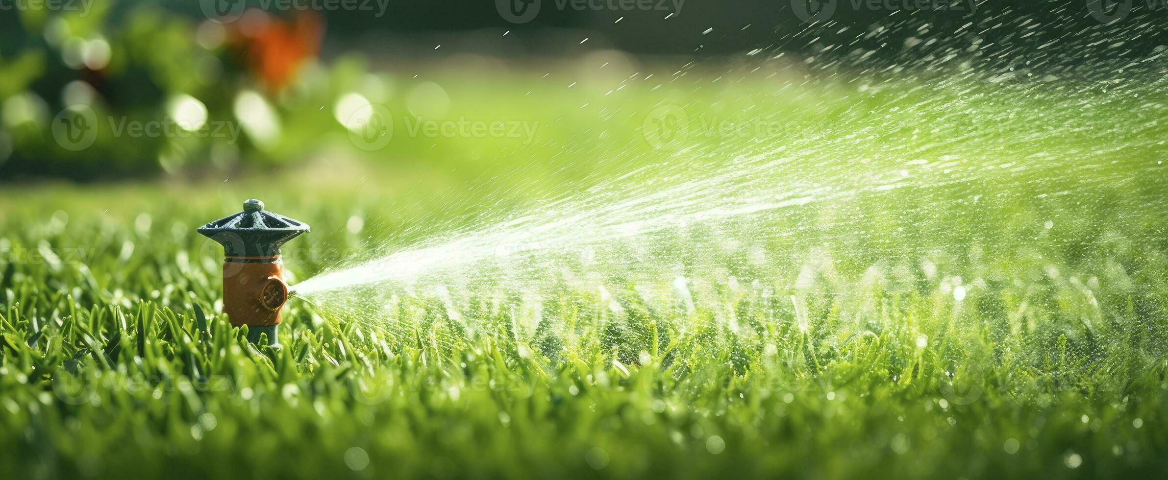 AI generated Automatic garden lawn sprinkler in action watering grass. AI Generated photo