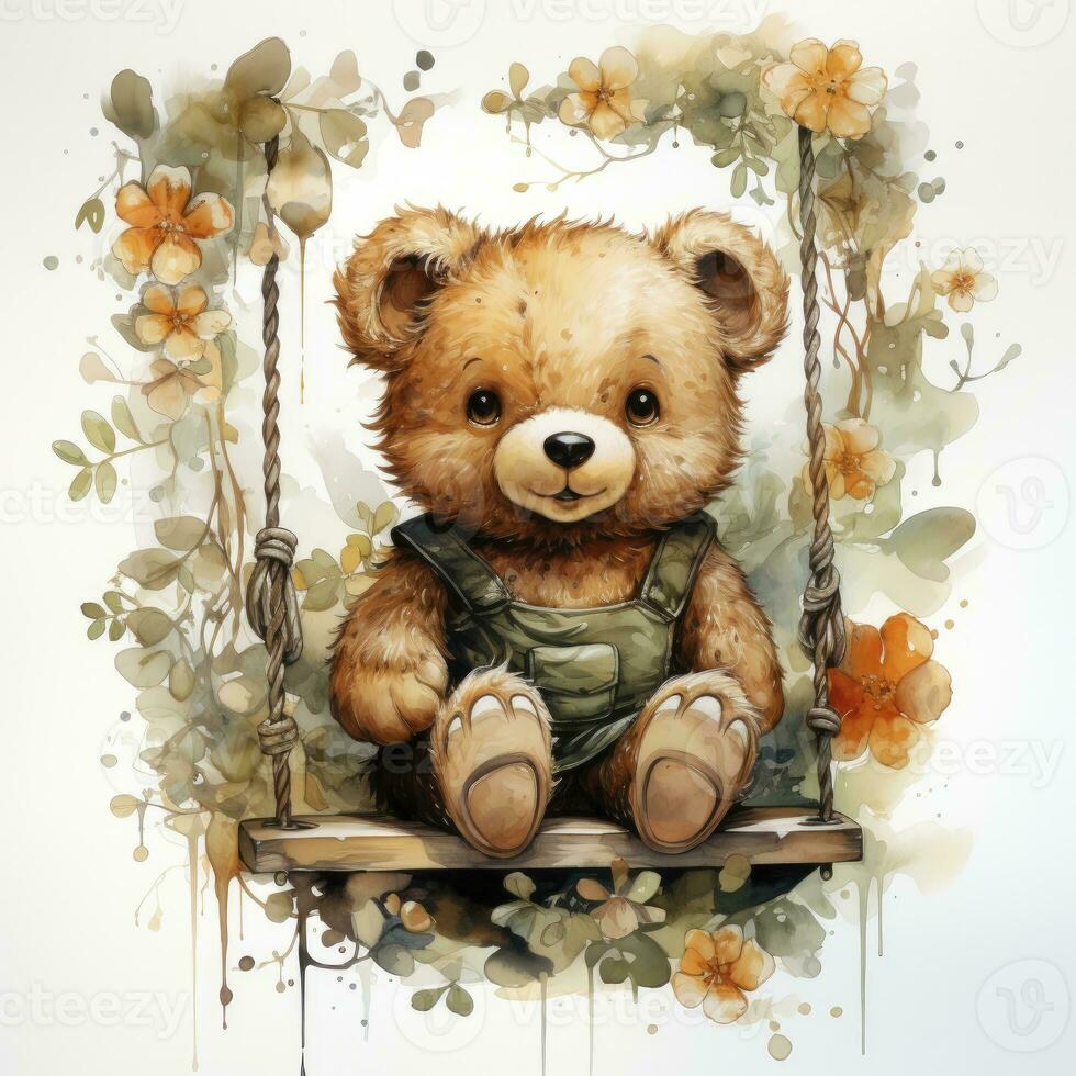 AI generated A cute happy teddy bear swings on a tree on a white background. AI Generated photo