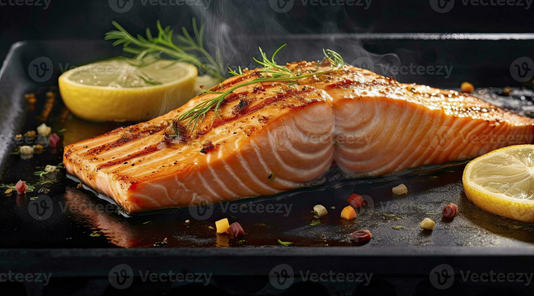 AI generated Gourmet cutlet of fresh salmon seasoned with herbs, spices, and lemon zest grilling on a griddle. AI Generated. photo