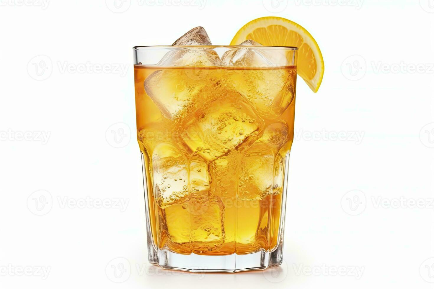 AI generated A glass of orange soda water with ice cubes on white background. AI Generated photo