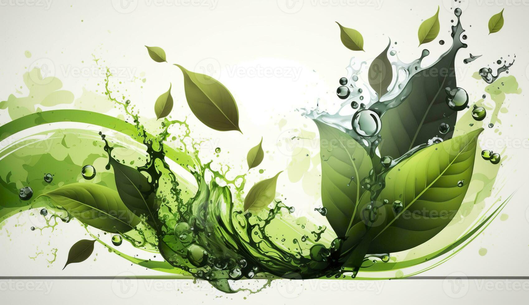 AI generated Green herbal tea wave splash with leaves flow. AI Generated photo