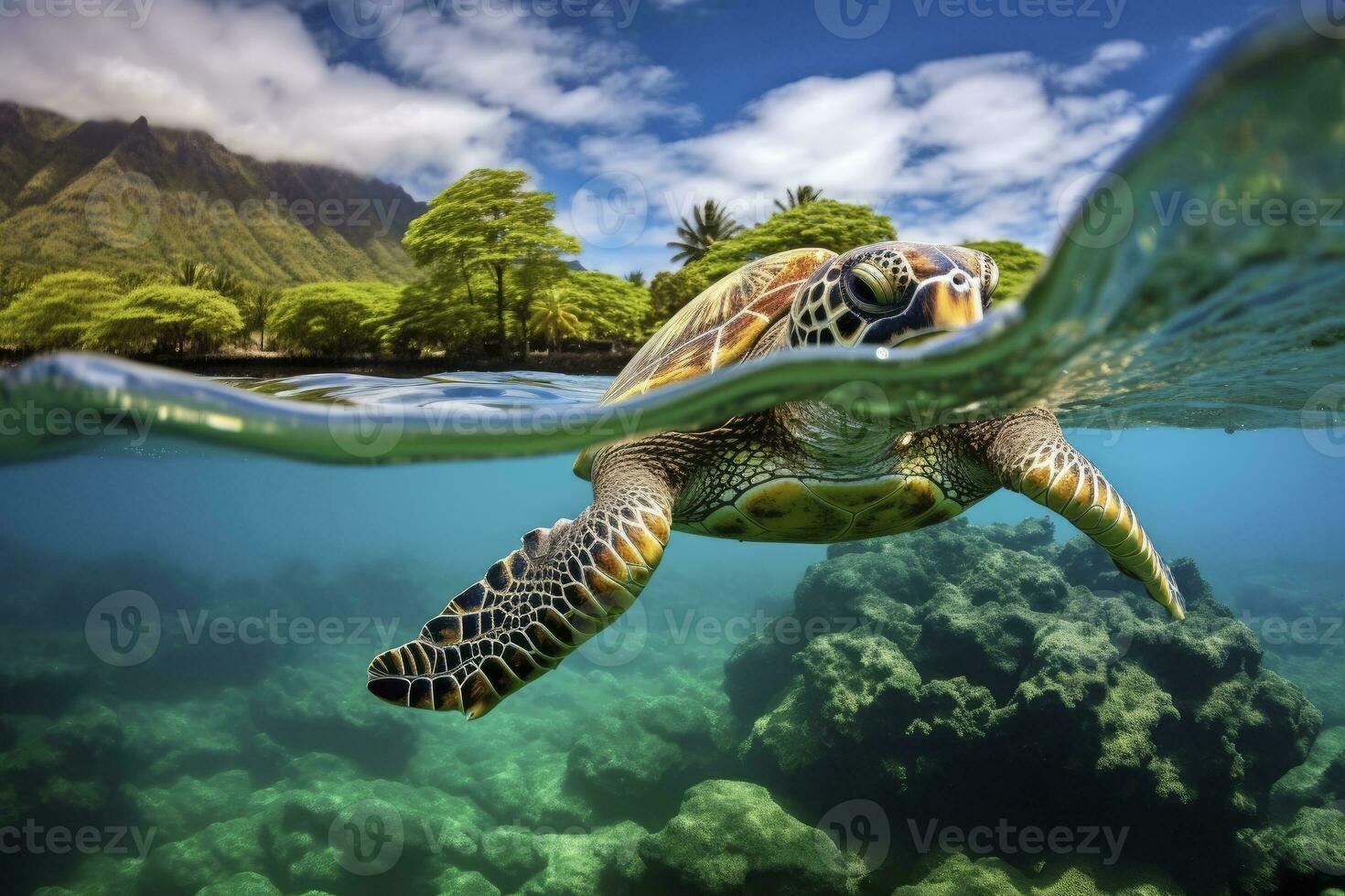 AI generated Green turtle at the seawater. AI Generated photo