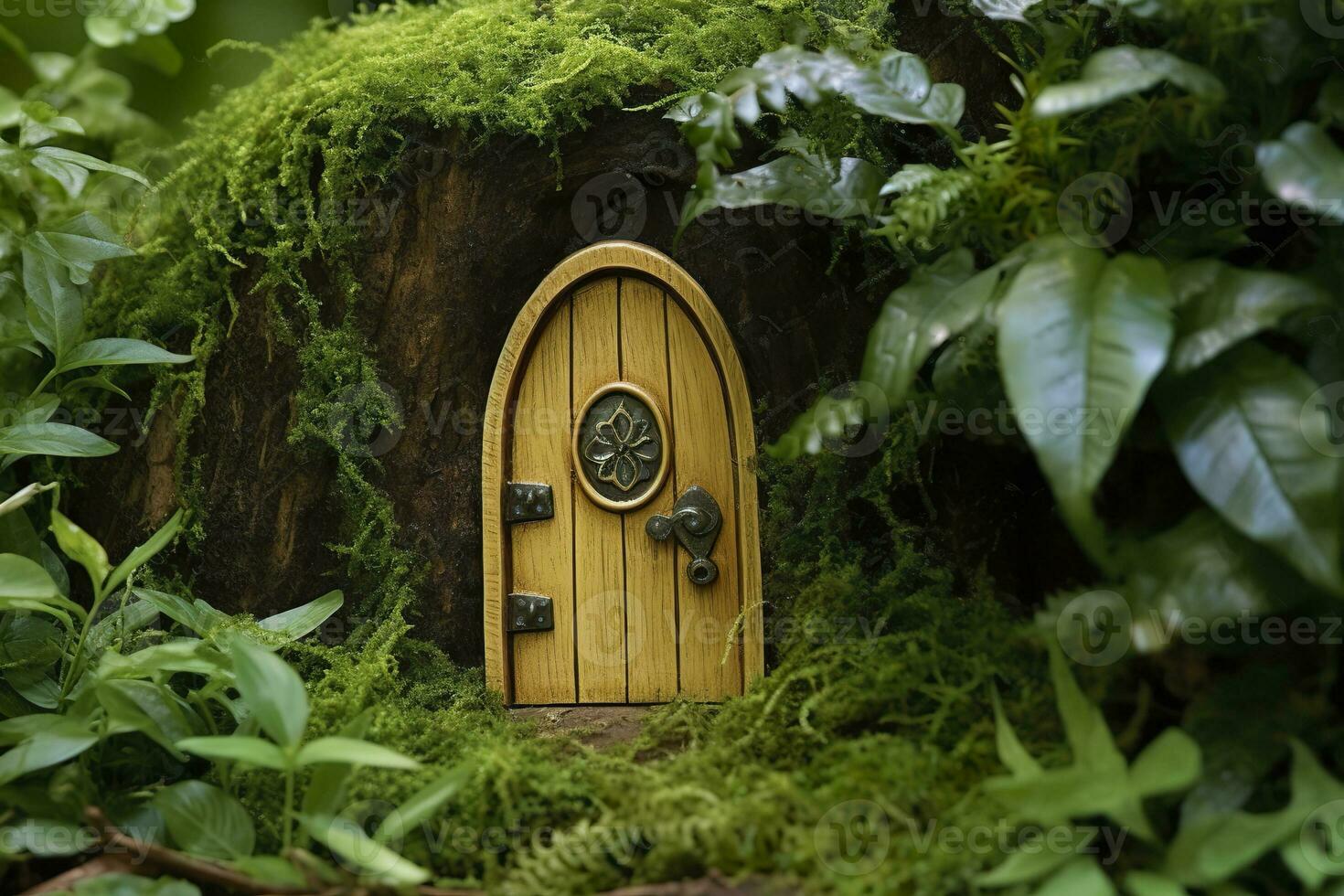 AI generated Little magic wooden fairy doors and plants leave on a mossy natural green background. AI Generated photo