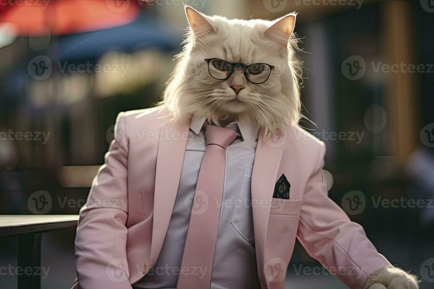 AI generated A cat is wearing sunglasses, suit and standing on street. AI Generated photo