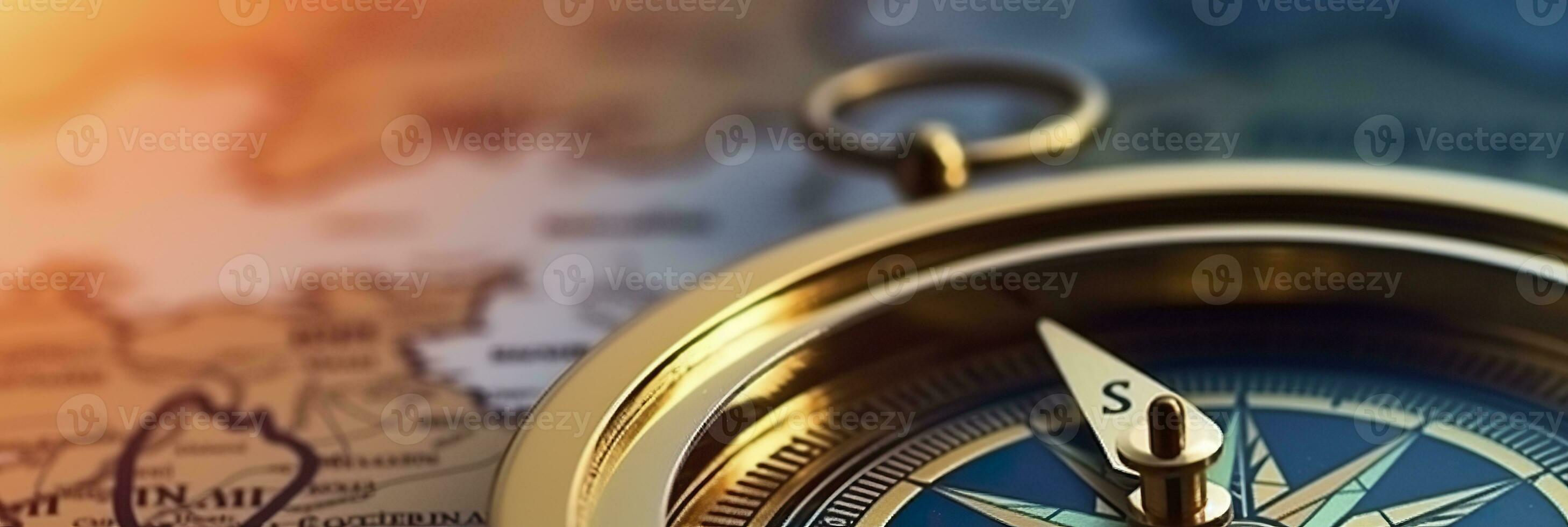 AI generated Magnetic compass and location marking with a pin on routes on world map. AI Generated photo