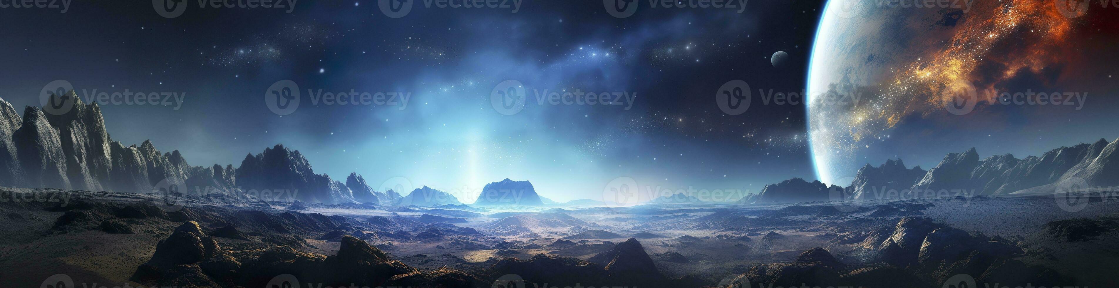 AI generated Panorama of distant planet system in space 3D rendering elements. Generative AI photo