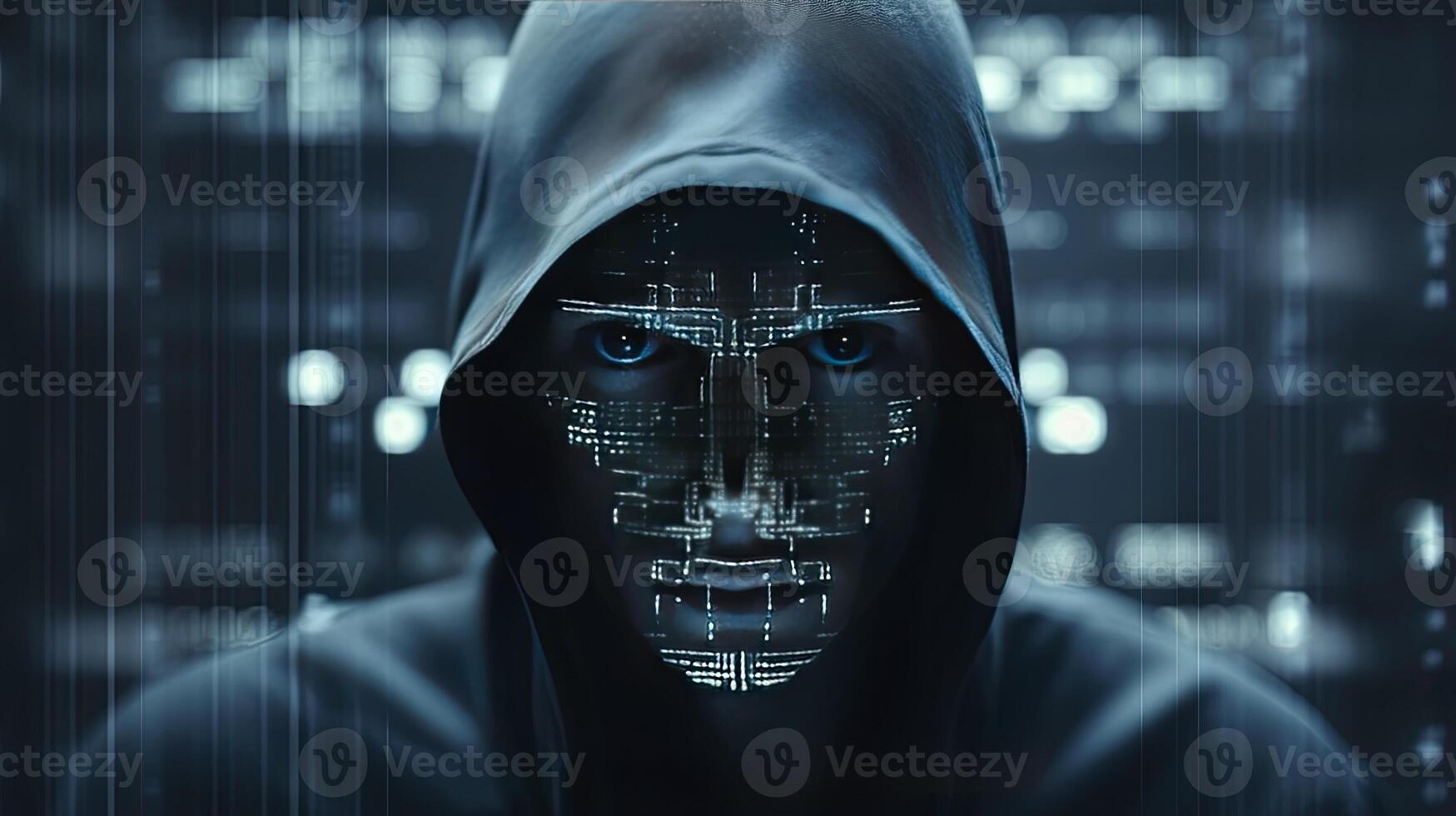 AI generated Binary Intrigue. Anonymous robotic hacker. Concept of hacking. AI Generated photo