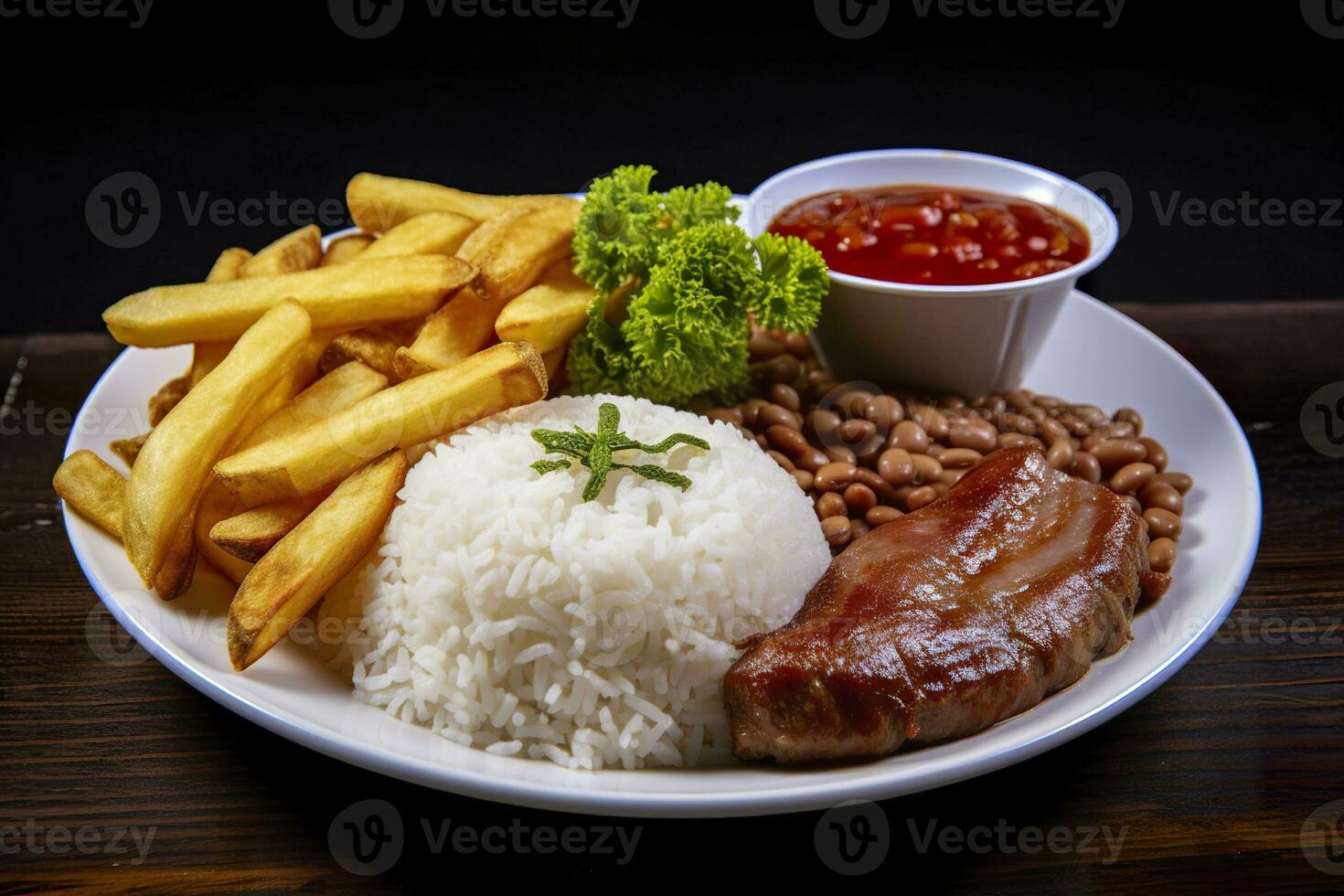 AI generated Rice, beans, French fries, and meat. Generative AI photo