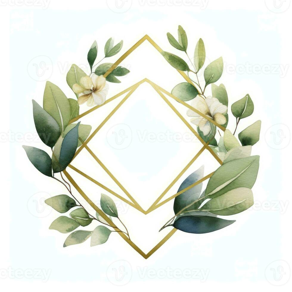 AI generated Watercolor geometry shape wreath with green leaf. AI Generated photo