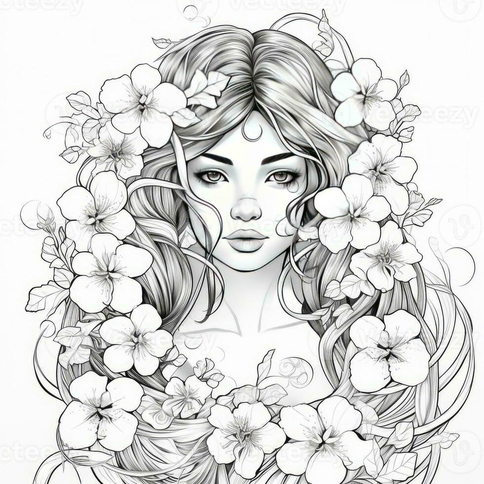 AI generated A girl on a coloring book page with Jasmine flowers. AI Generated photo