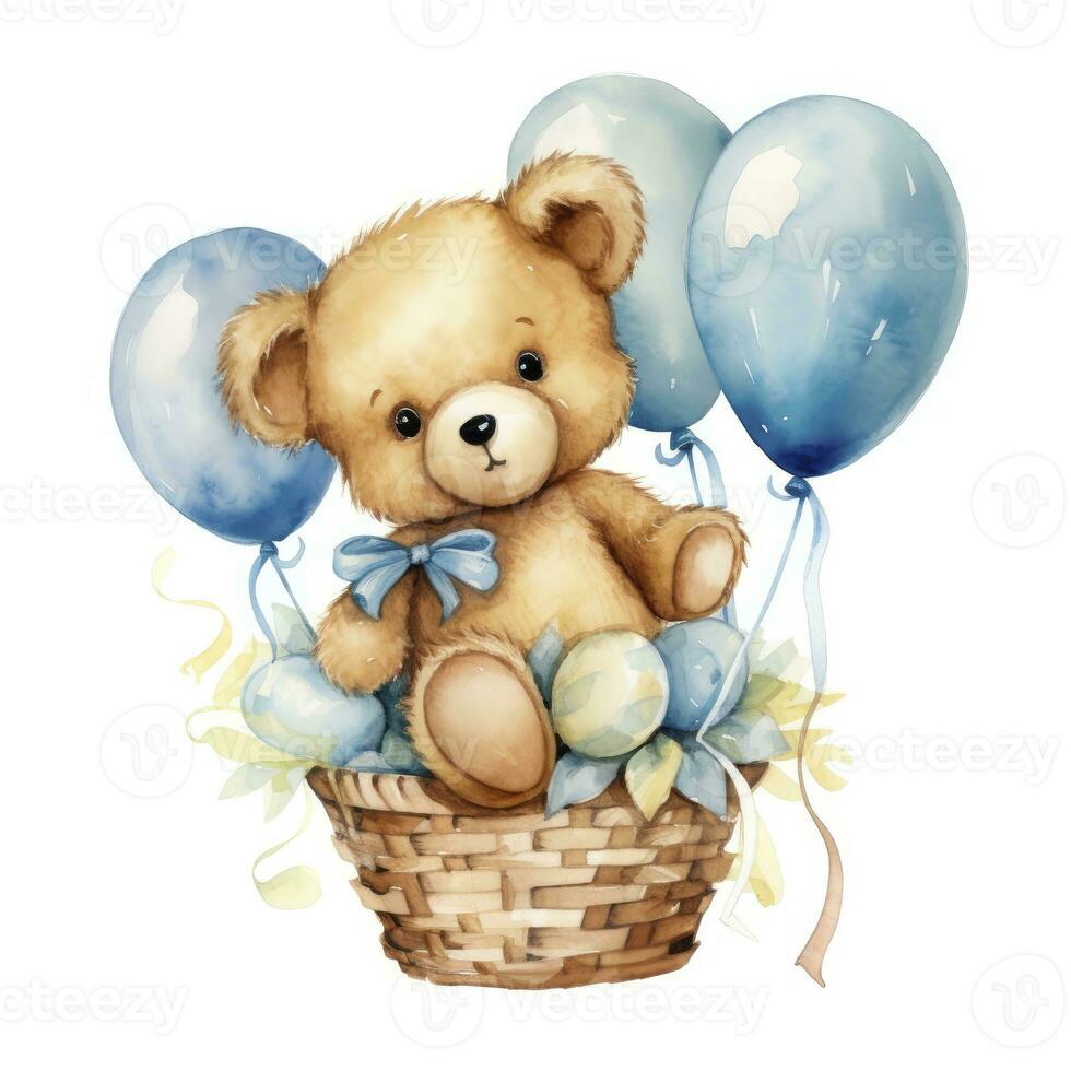 AI generated A watercolor baby teddy bear is sitting in the basket with blue and gold balloons. AI Generated photo