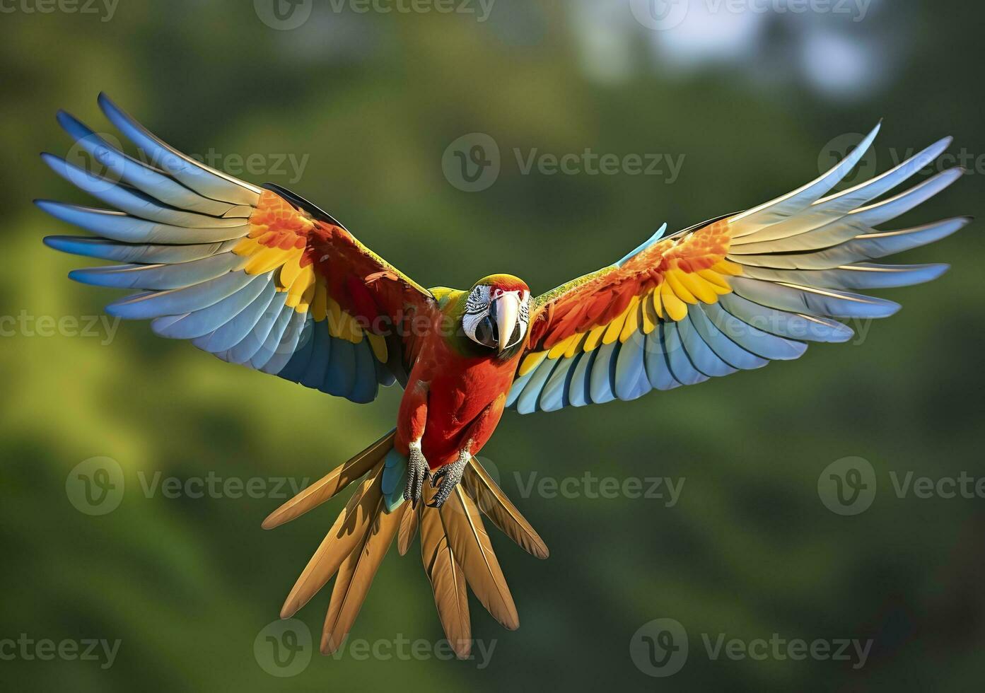 AI generated Flying macaw, beautiful bird. Generative AI photo