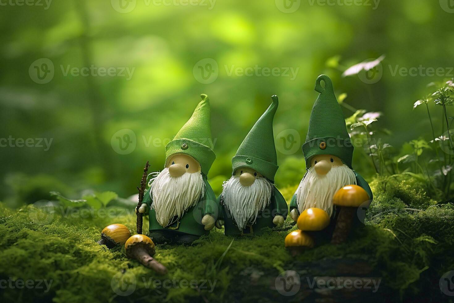 AI generated Toy Irish gnomes in a mystery forest, abstract green natural background. Generative AI photo