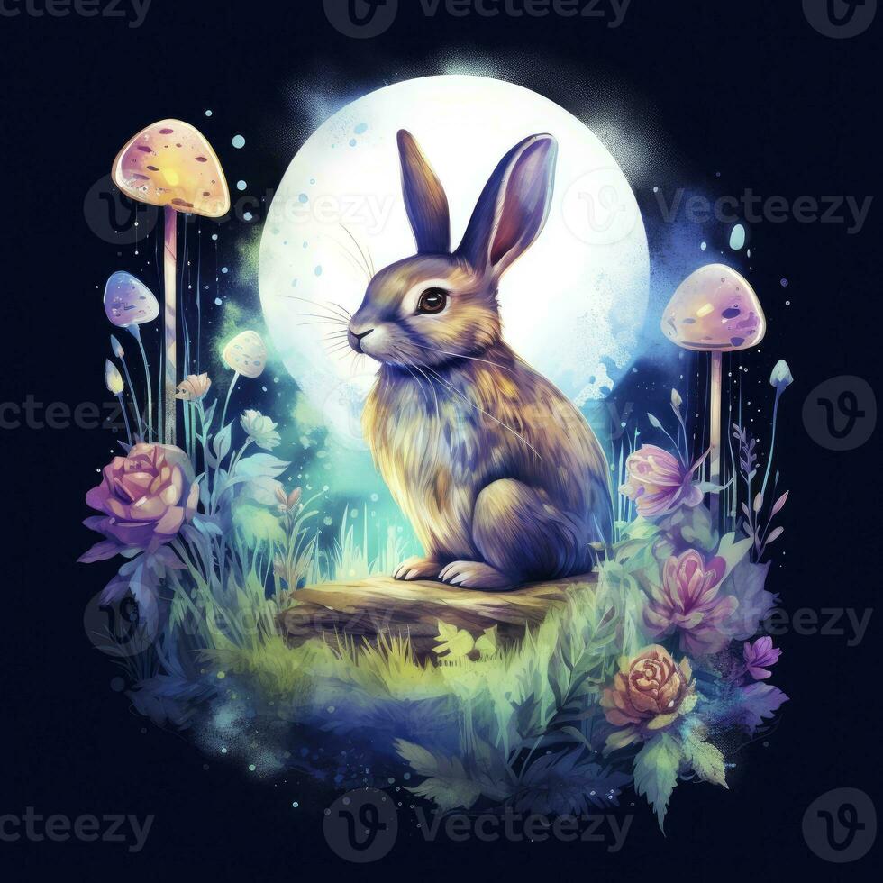 AI generated Watercolor Rabbit and Glowing Moon for T-shirt Design. AI Generated photo