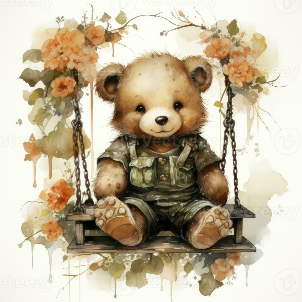 AI generated A cute happy teddy bear swings on a tree on a white background. AI Generated photo