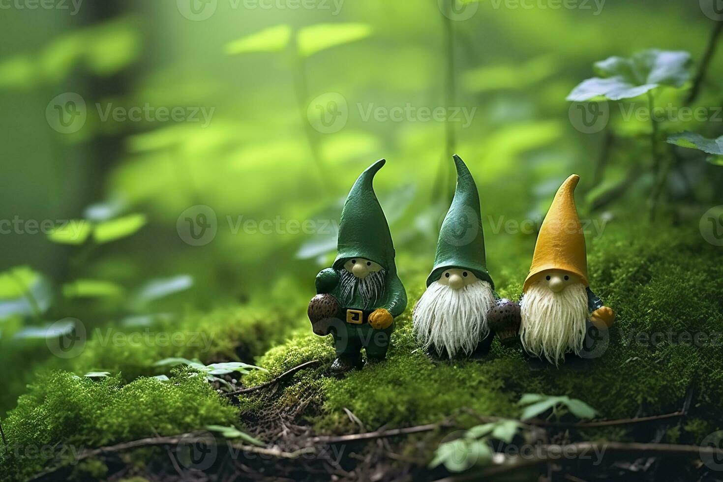 AI generated Toy Irish gnomes in a mystery forest, abstract green natural background. Generative AI photo