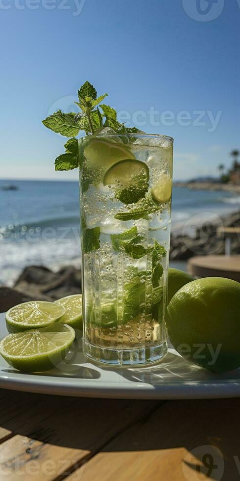 AI generated Stunning photo of cocktail mojito, a sunny summer beach in the background. Generative AI