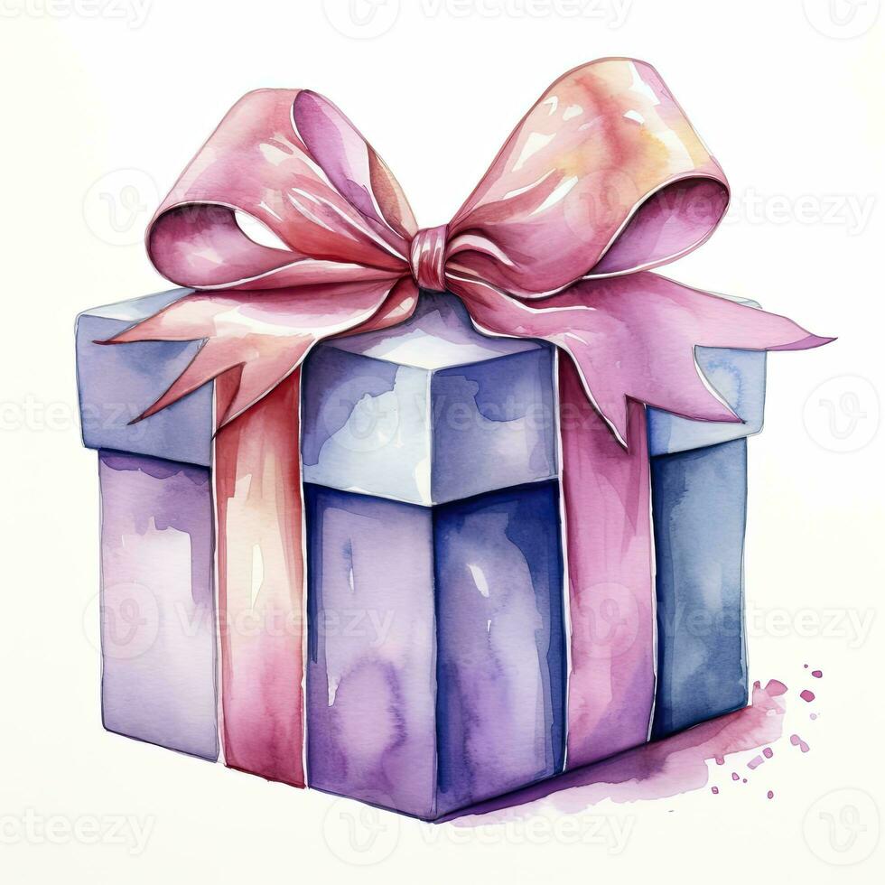 AI generated Watercolor birthday present with bow isolated on white background.  AI Generated photo