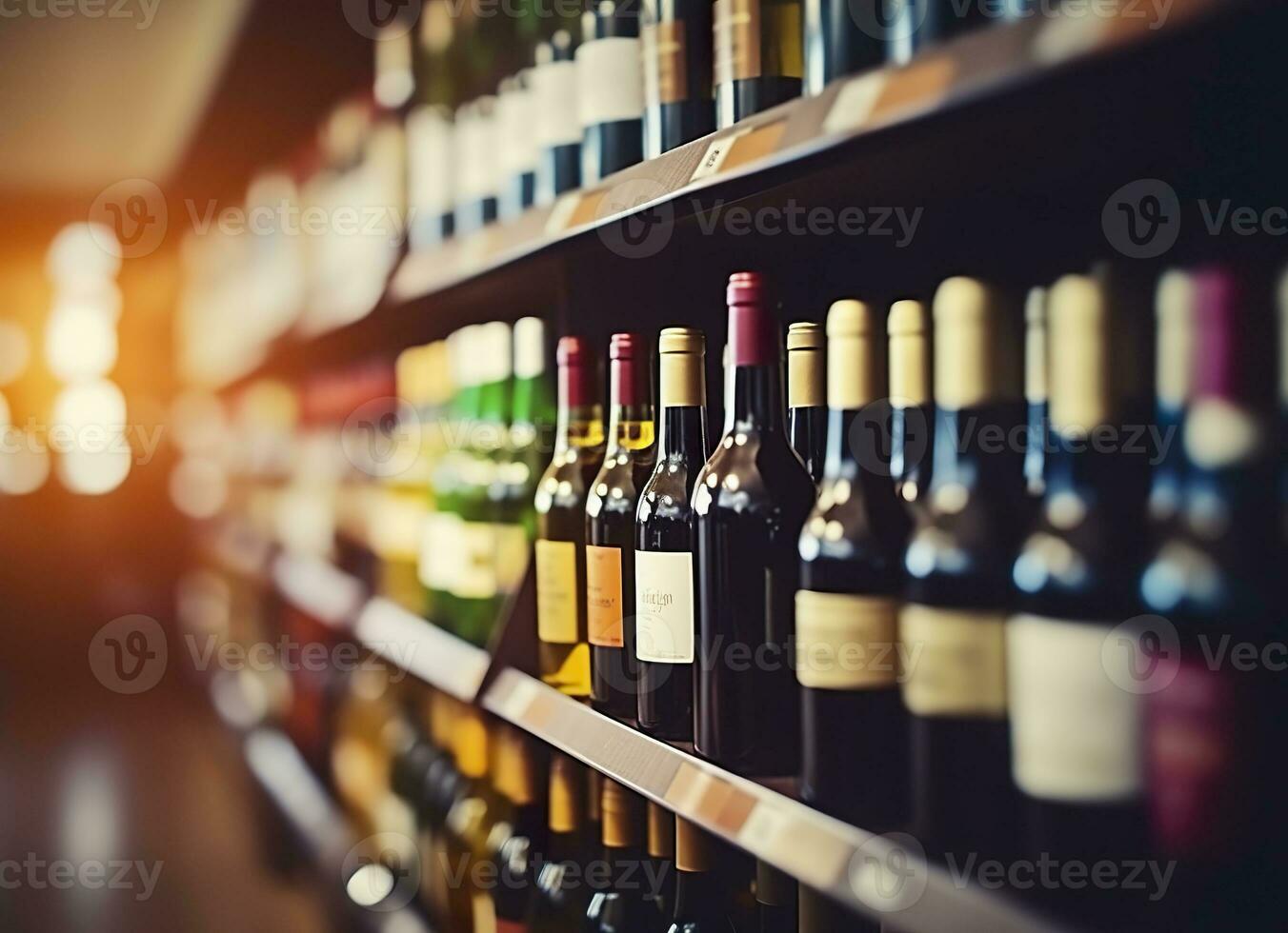 AI generated Abstract blur wine bottles on liquor alcohol shelves in supermarket store background. Generative AI photo