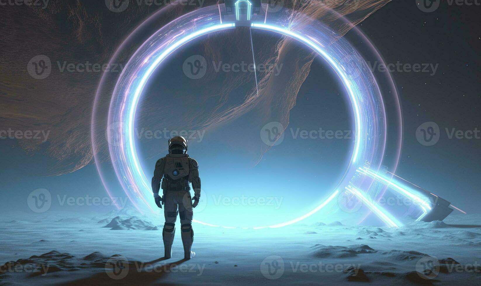 AI generated Astronaut in front of dimensional portal.  AI Generated. photo