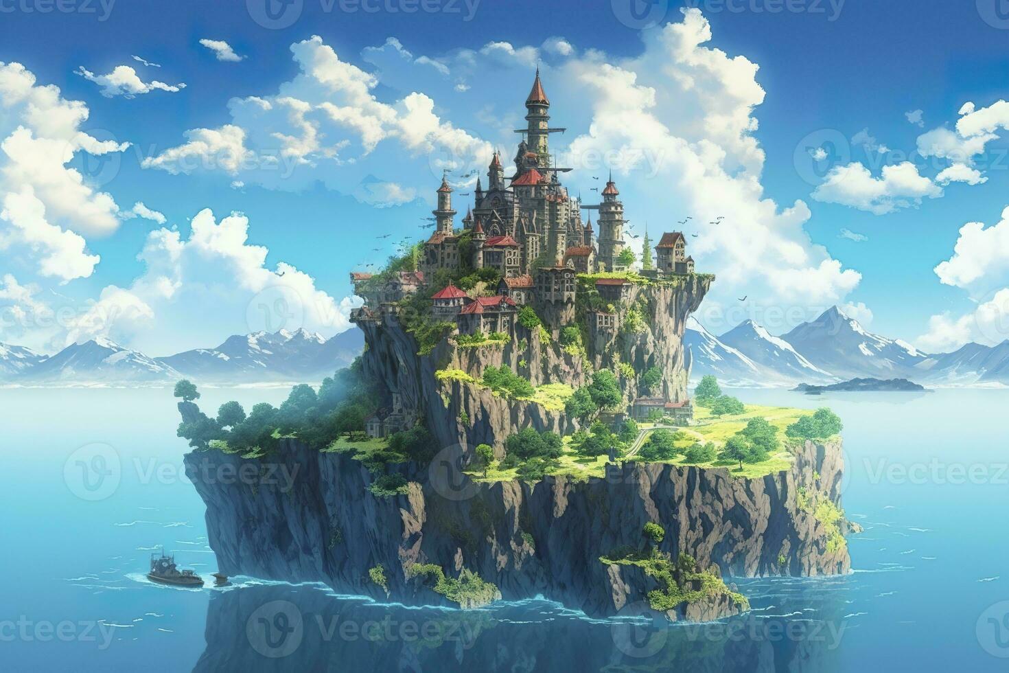 AI generated Ancient Heavenly Floating island in the sky with a castle, vibrant, fantasypunk, AI Generative photo