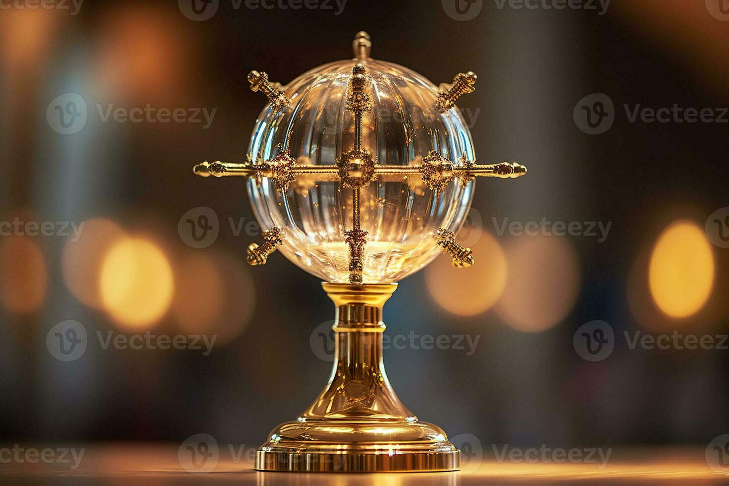 AI generated The golden monstrance with a little transparent crystal center, consecrated host. church defocused background. AI Generative photo