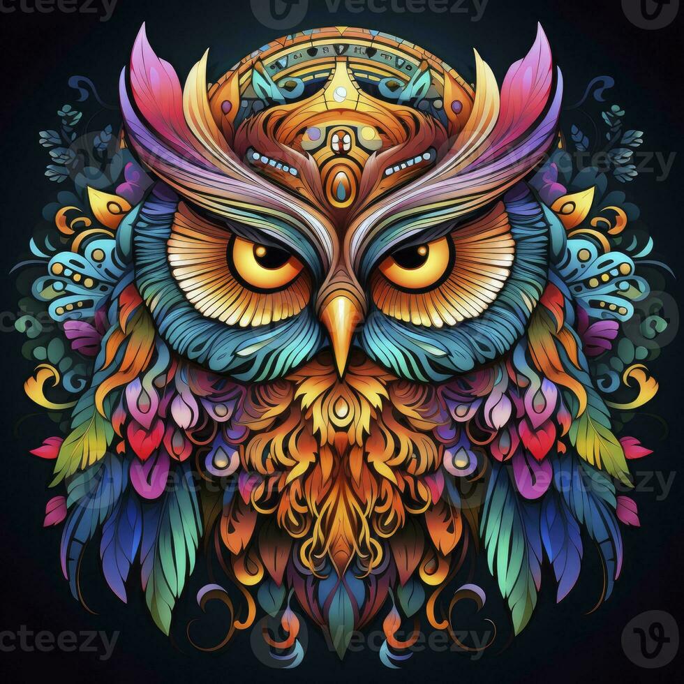 AI generated Multicolored mandala owl coloring page for adults. AI Generated photo