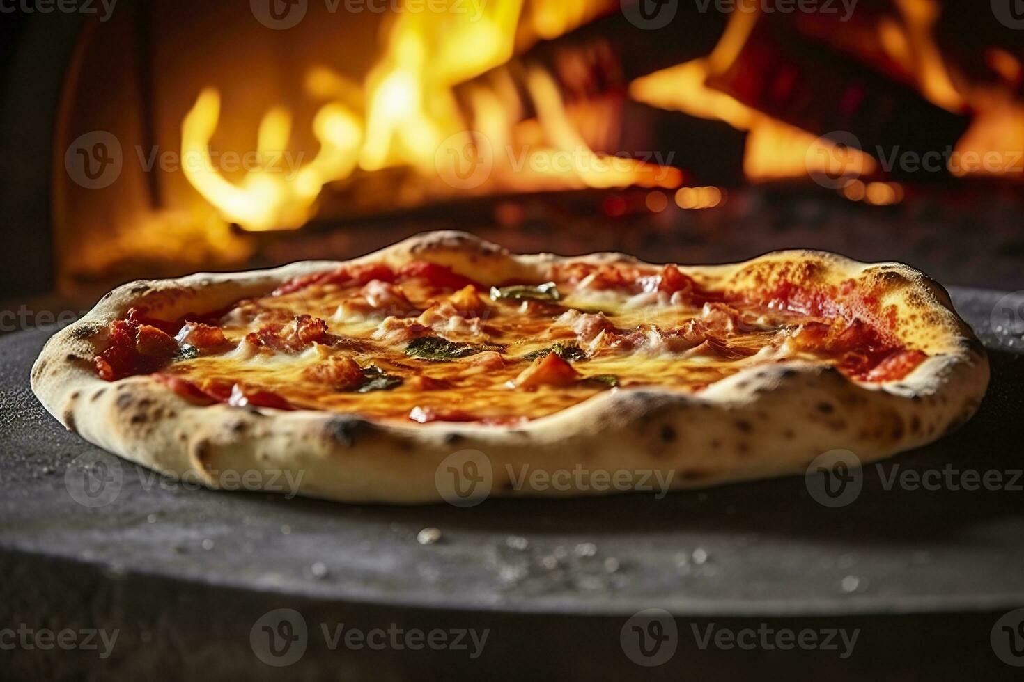 AI generated Freshly baked pizza closeup, traditional wood fired oven background. AI Generated photo