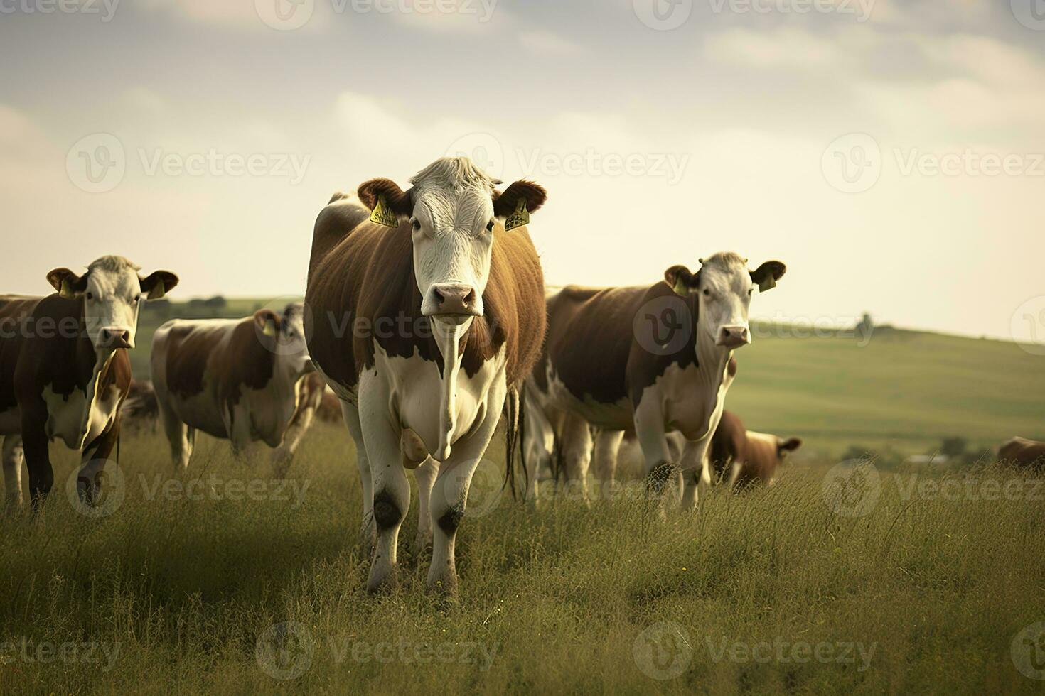 AI generated Group of cows standing in a grassy field. AI Generated photo