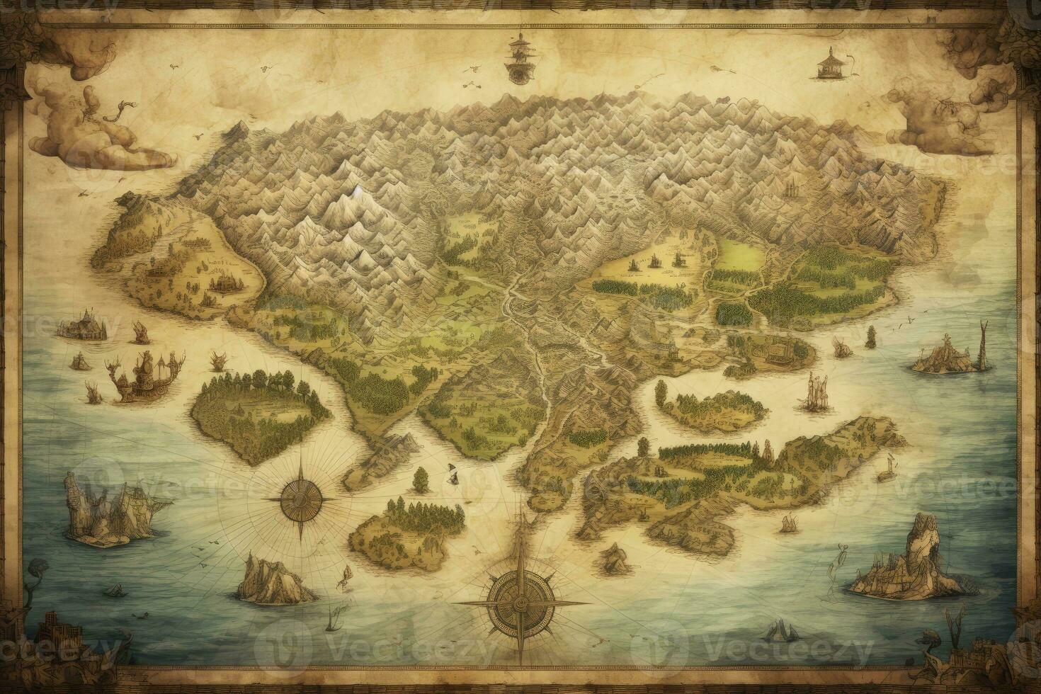 AI generated Great detailed illustration of the world map in vintage style. AI Generated photo