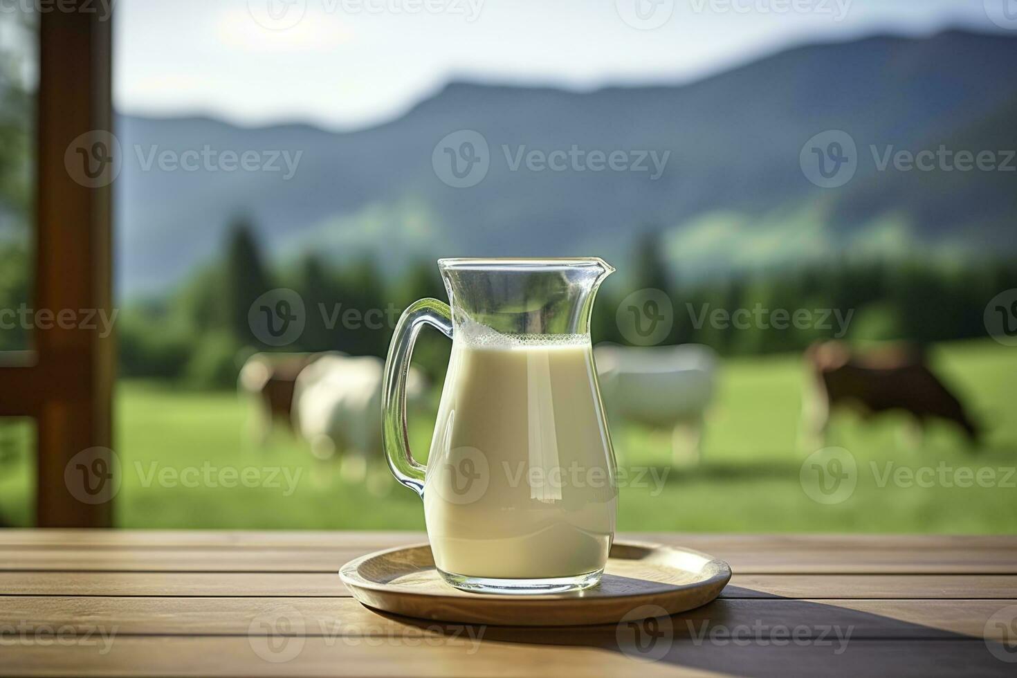 AI generated Glass pitcher with fresh milk on a wooden table. AI Generated photo