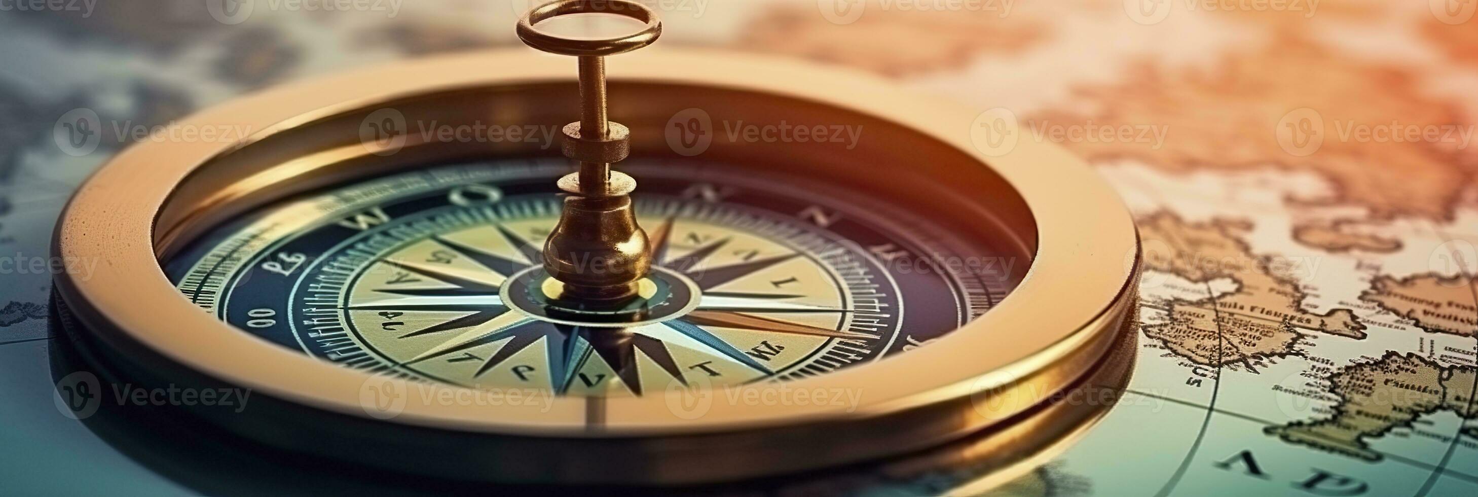AI generated Magnetic compass and location marking with a pin on routes on world map. AI Generated photo