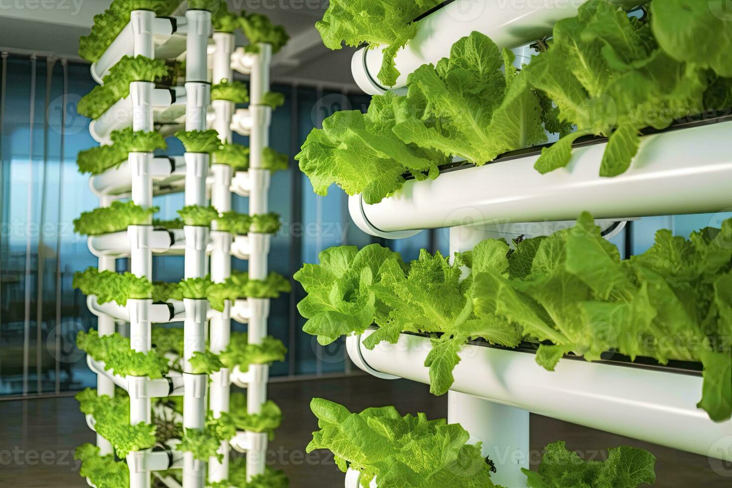 AI generated Vertical Hydroponic Plant System With Cultivated Lettuces. AI Generated photo