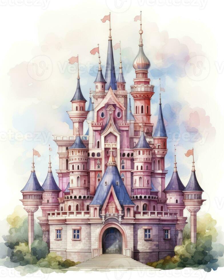 AI generated Colorful watercolor kawaii castle isolated on white background. AI Generated photo