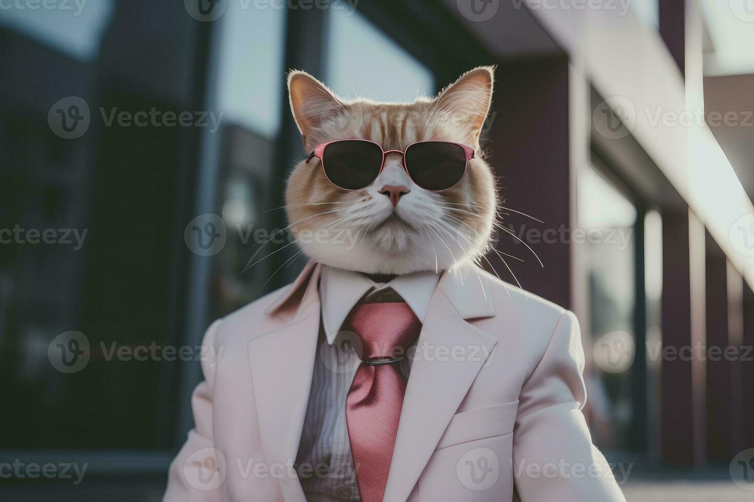 AI generated A cat is wearing sunglasses, suit and standing on street. AI Generated photo