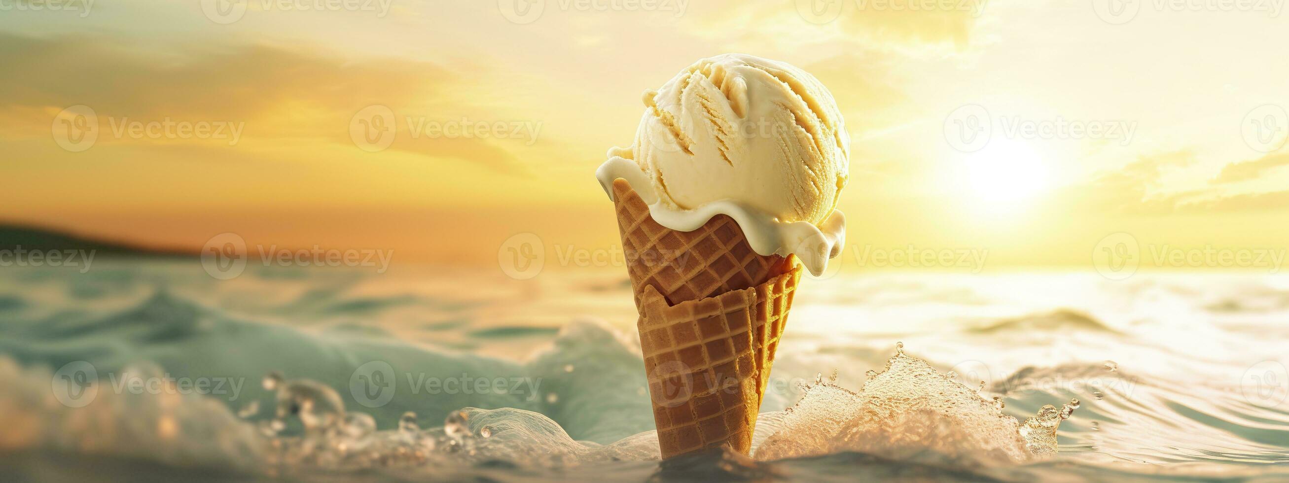 AI generated Banner with ice cream in a waffle cone on a summer day. Generative AI photo