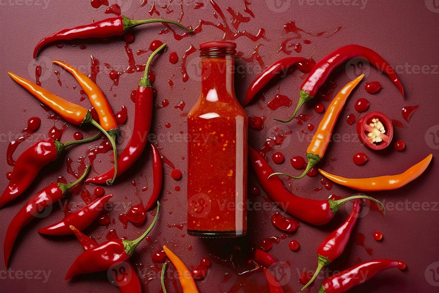 AI generated Tabasco hot pepper sauce with red chili pepper, flat lay. Generative AI photo