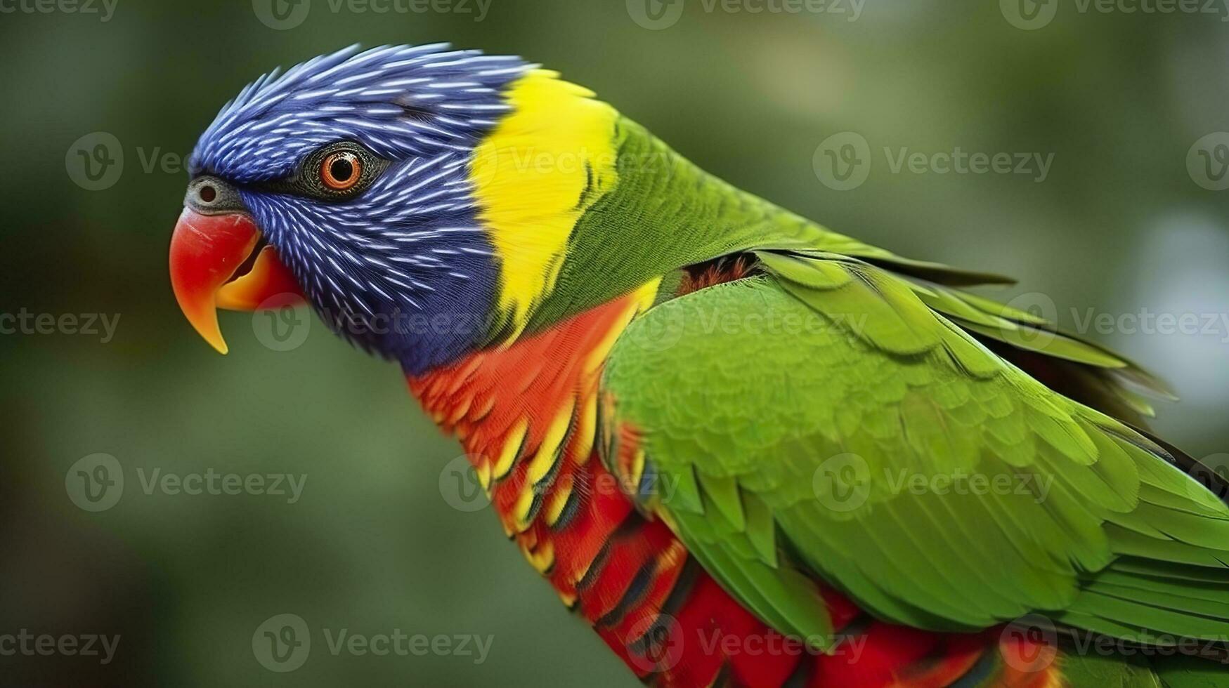 AI generated Side view Closeup of beautiful and colorful Lorikeet Green naped bird. Generative AI photo