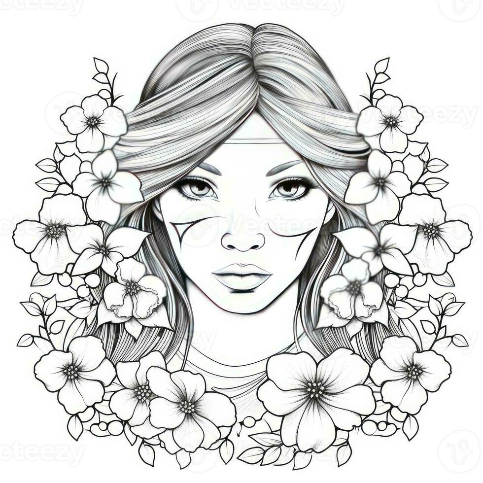 AI generated A girl on a coloring book page with Jasmine flowers. AI Generated photo