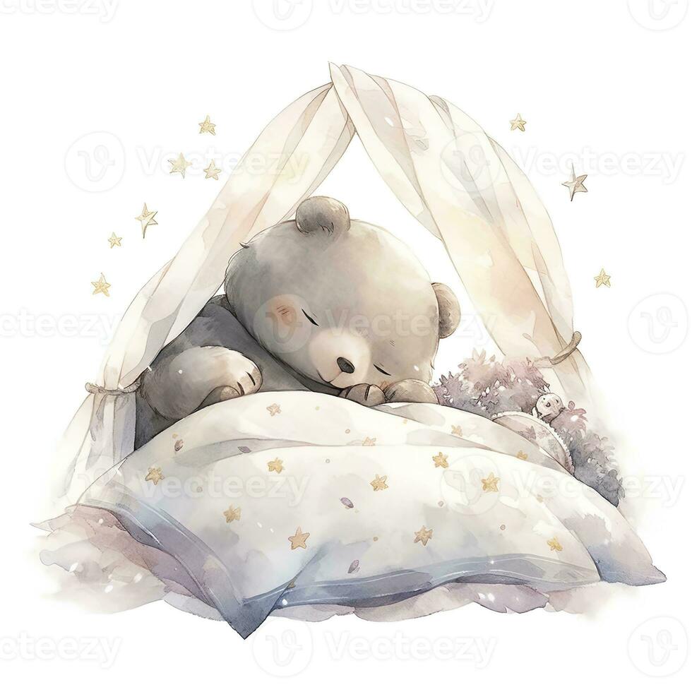 AI generated A sleepy baby bear in a bedding. watercolor illustration. AI Generated photo