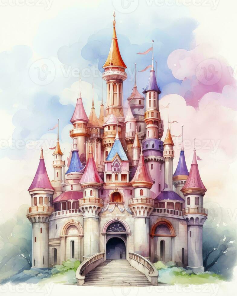 AI generated Colorful watercolor kawaii castle isolated on white background. AI Generated photo