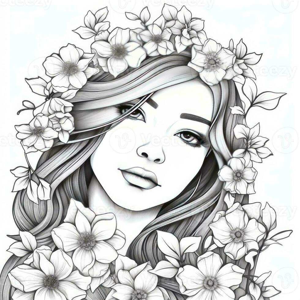 AI generated A girl on a coloring book page with Jasmine flowers. AI Generated photo