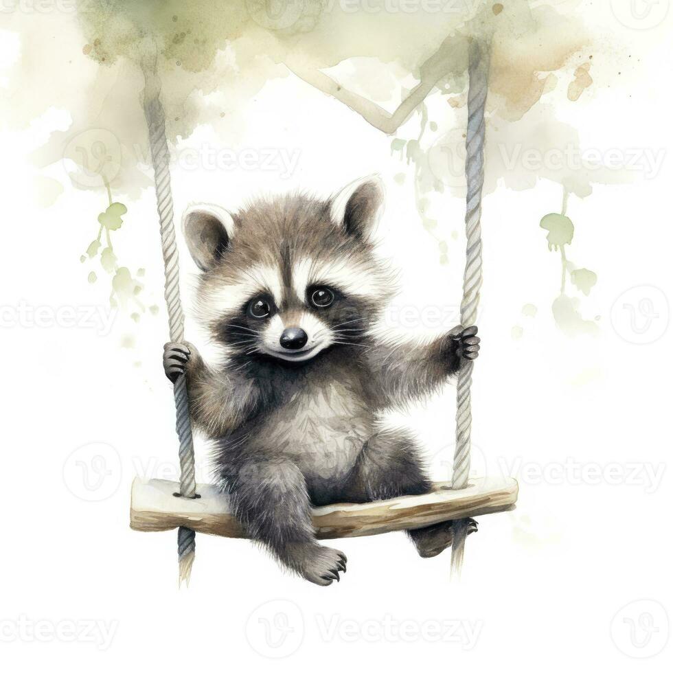 AI generated Cute baby raccoon in watercolour style, sitting on swings attached to the tree. AI Generated photo